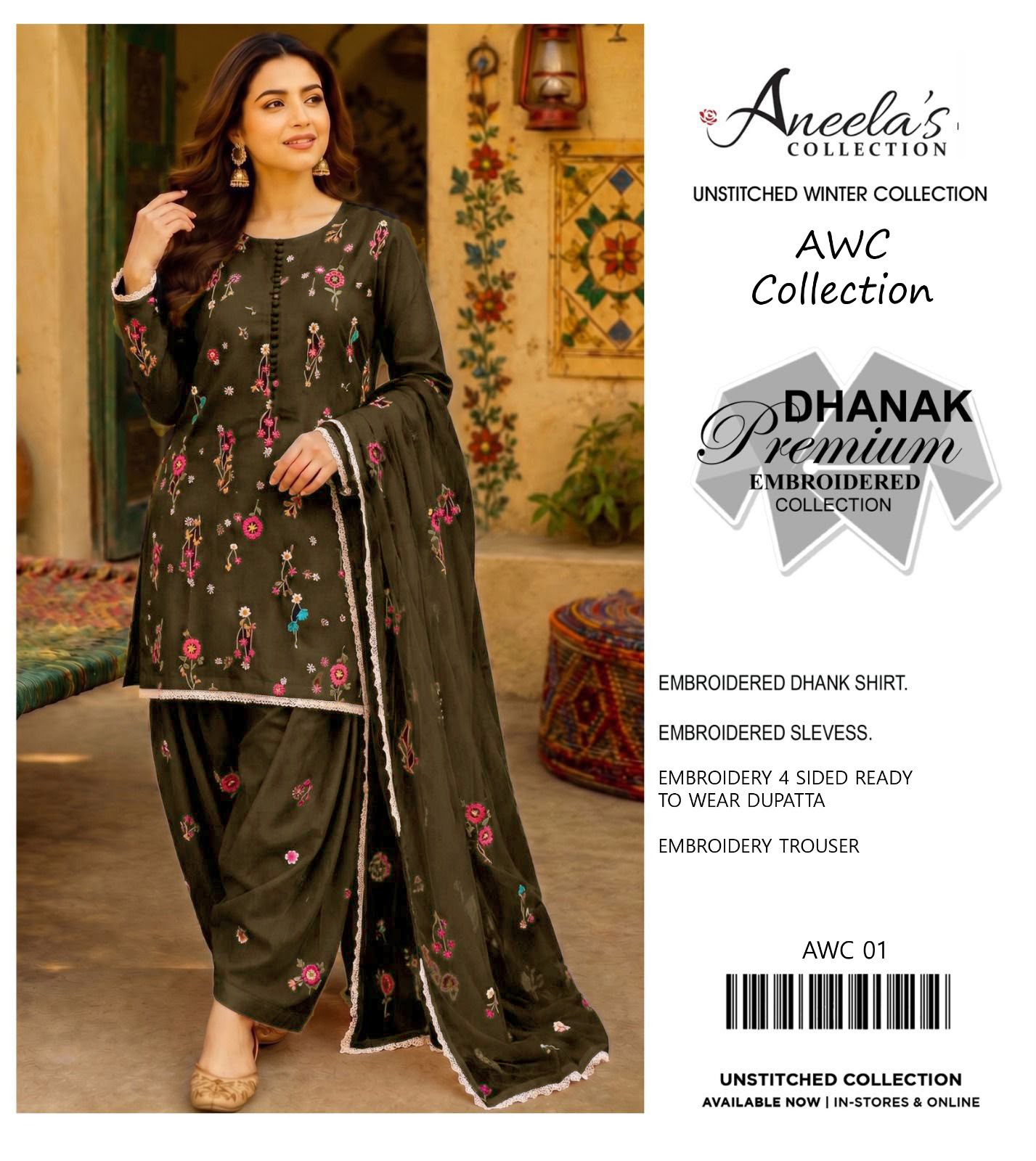 Dhanak embroidered luxury unstitched 3pc suit